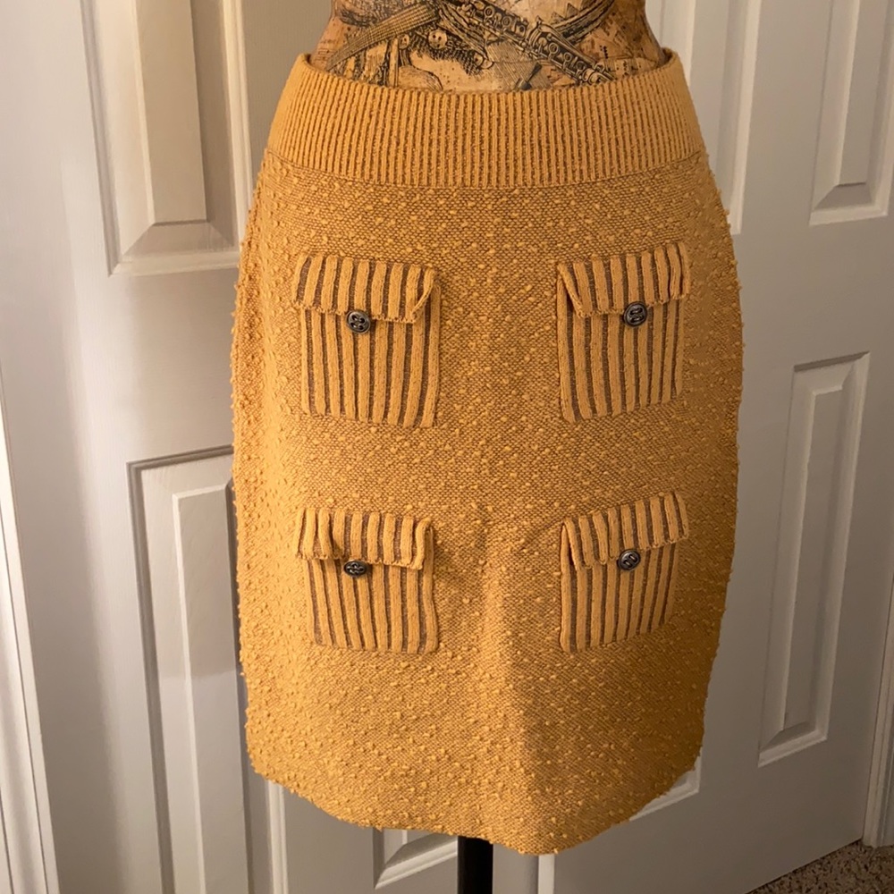 Free People Moth Midi Gold Sweater Pencil Skirt With Four Flap Buttoned Pockets